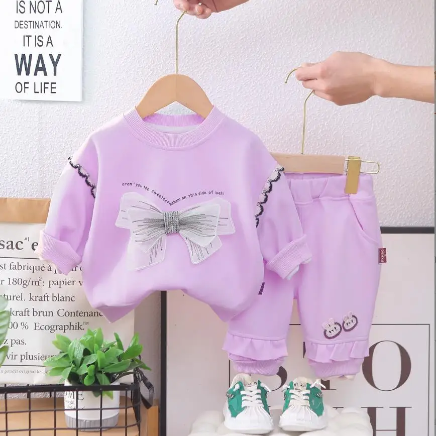 

Designer Girls Baby Sets 6 To 12 Months Korean Style Clothes Kids Cartoon Bowtie Lace O-neck Sweatshirt And Pants Toddler Outfit