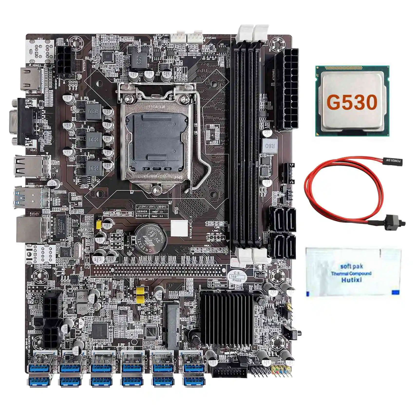 B75 12 Card GPU BTC Mining Motherboard+G530 CPU+Thermal Grease+Switch Cable 12XUSB3.0(PCIE) Slot LGA1155 DDR3 RAM