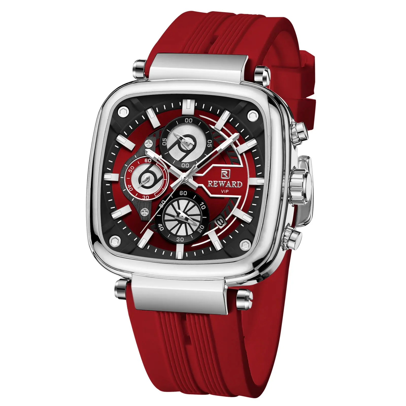 Reward Multi functional Quartz Men's Watch with Silicone Tape Square Three eye Six pin Men's Watch RD831509M