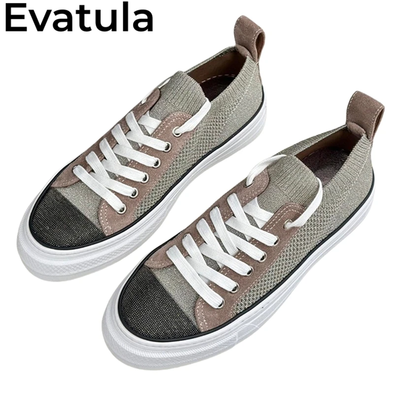 2024 Spring Low Top Knitted Lace Up Flat Platform Shoes Women Fashion String Bead Casual Sneakers Comfort Walking Shoes Femme