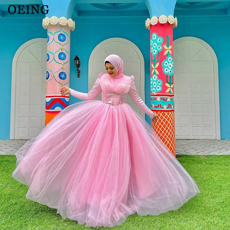 

OEING Simple Baby Pink Muslim Arabic Women Evening Dresses Wedding Party High Neck Long Sleeves Tulle Prom Gowns Formal Occasion