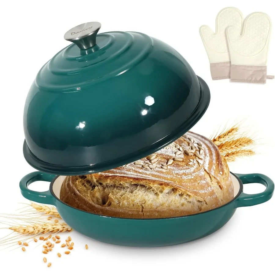 

5.5QT Enameled Cast Iron Sourdough Bread Pan with Silicone Oven Mitts for Home Baking 10 Round Dutch Oven with Lid Ideal for Ar