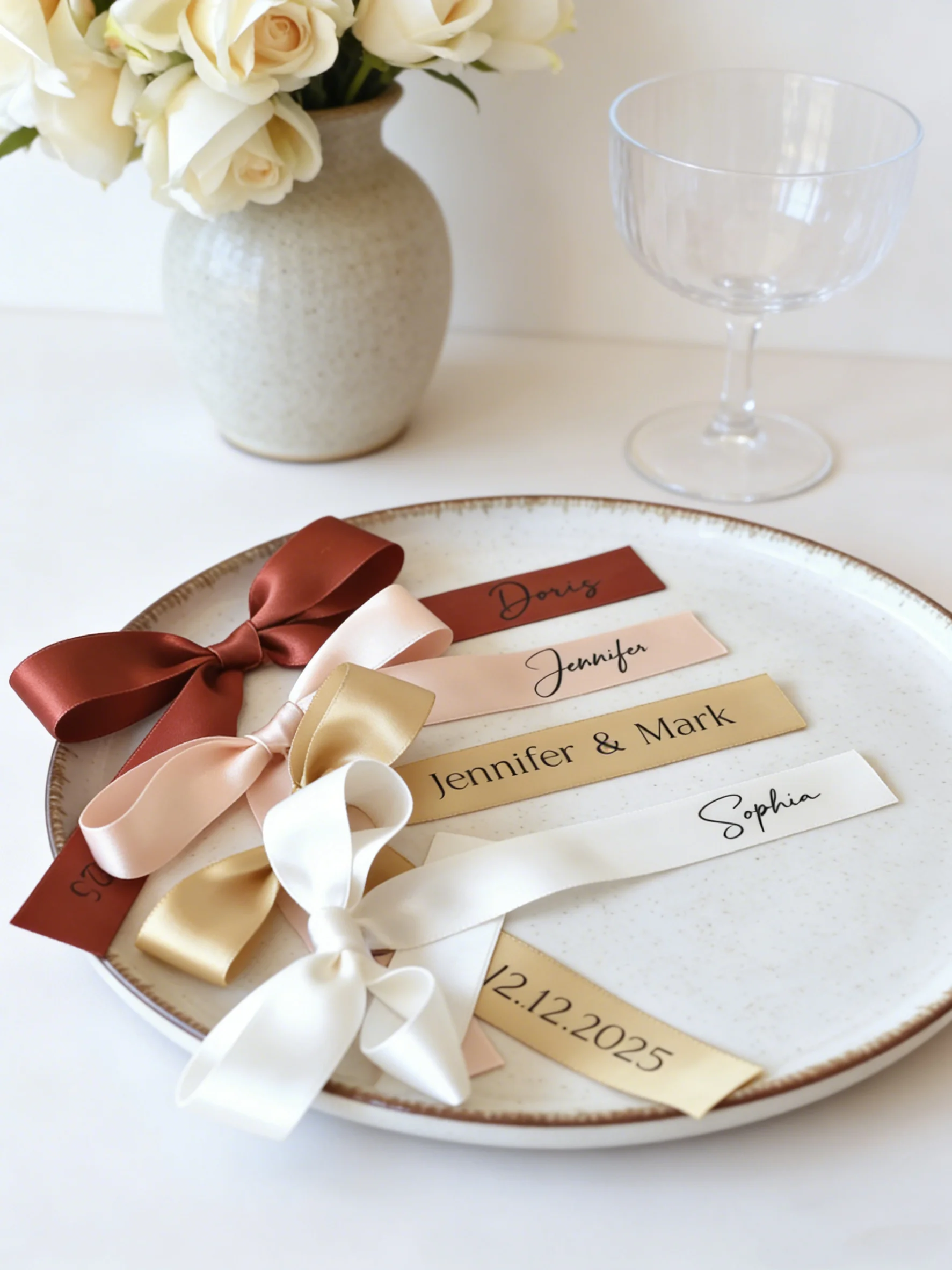 

20 шт. персонализированных именных табличек для свадебных тарелок с бантом | Атласная лента для украшения стаканов и сервировки стола на вечеринке