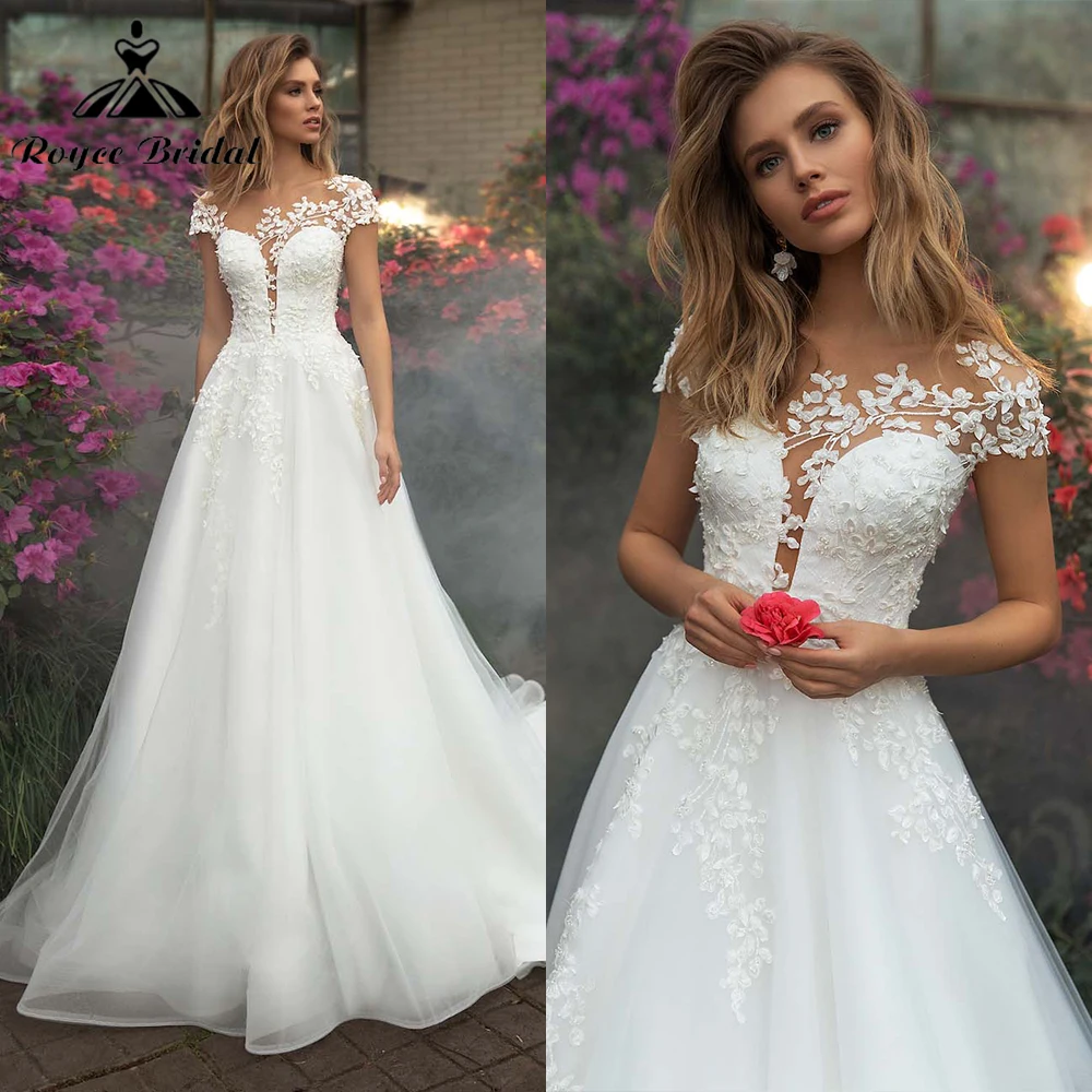 Boho manica corta con cappuccio in pizzo Appliques Top Back Button Tulle A Line abito da sposa personalizzato per le donne abito da sposa vestidos de novia