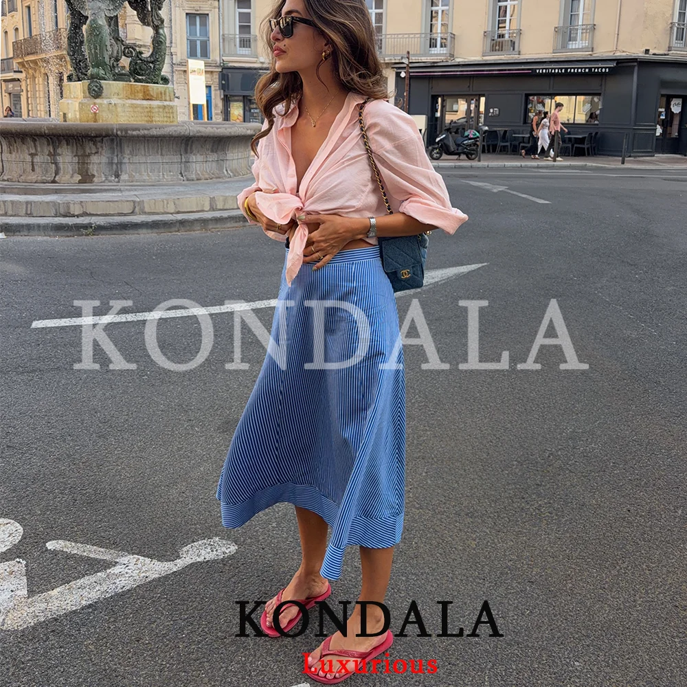 KONDALA Sweet Trendy Women Long Cape Midi Skirt Striped Zipper Draped Skirt Fashion 2026 Summer Fall Holiday Night Out Skirt