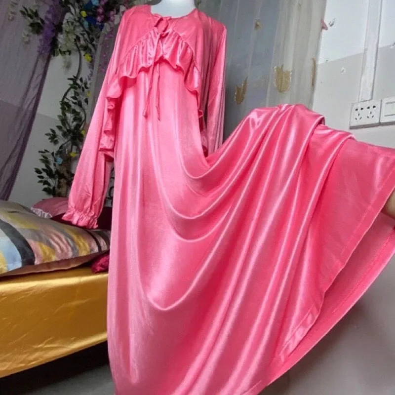 

Комплект из 2 предметов для мужчин и женщин, глянцевое атласное платье макси из ледяного шелка с рюшами и длинным рукавом, свободное шелковистое платье для сна, ночное платье белого и розового цвета