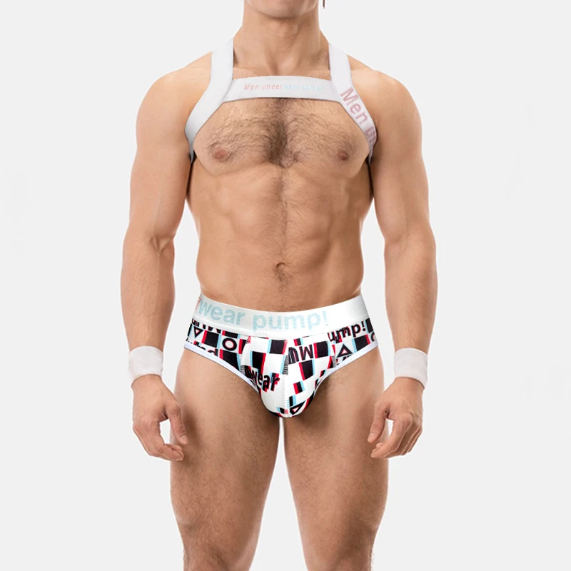 

Sexy Elastic Band Harness+Briefs Sets Men Plaid Print Shoulder Straps Chest Muscle Halter Belt Men Bodysuite Gay Clubwear Sets