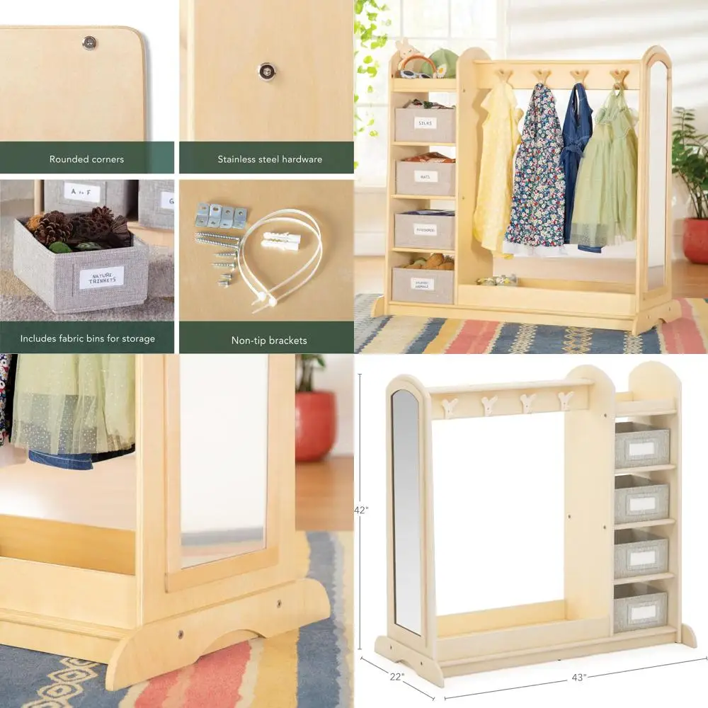 

Детская деревянная полка для хранения с зеркалом, полкой для обуви и кубиками для игр в костюмах | Органайзер-гардероб для малышей