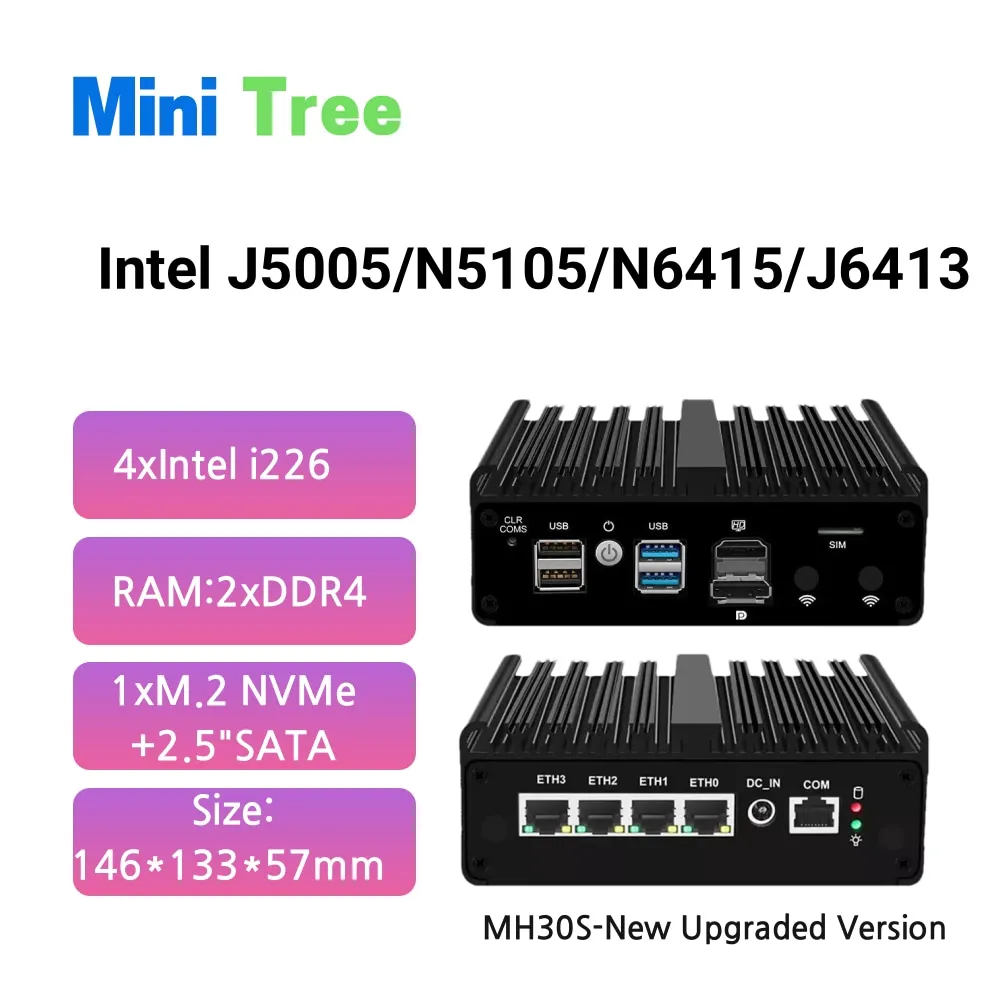 J5005 N6415 N5105 J6413 Komputer Kotak Tanpa Kipas Industri Daya Rendah 4Lan 2.5G Win10 Openwrt Server Jaringan PC Firewall Perusahaan