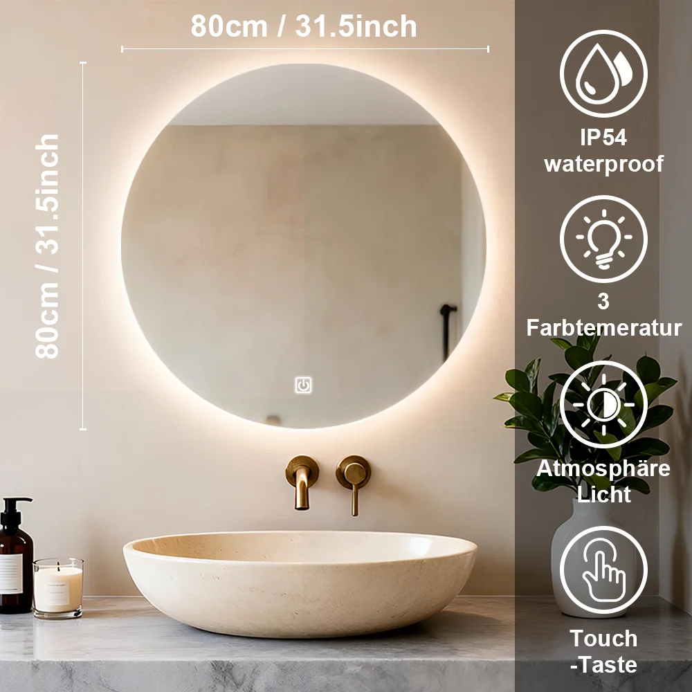 Slimme ronde badkamerspiegel met LED-verlichting Wandgemonteerde spiegel 3 kleuren Geheugen Traploos dimbaar Waterdicht IP54 Aanraakschakelaar