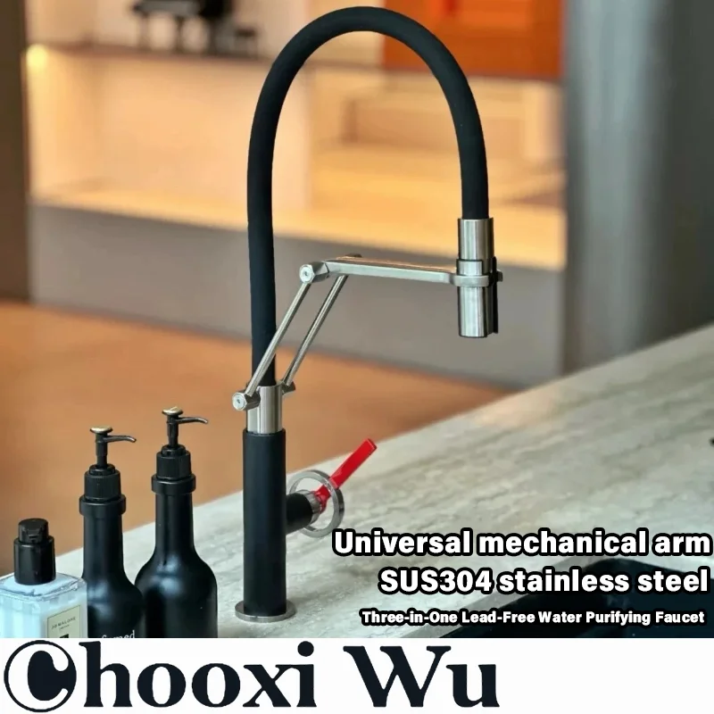 Mechanical arm rotating hot and cold pull faucet, three in one water purification model, vegetable basin sink faucet, household