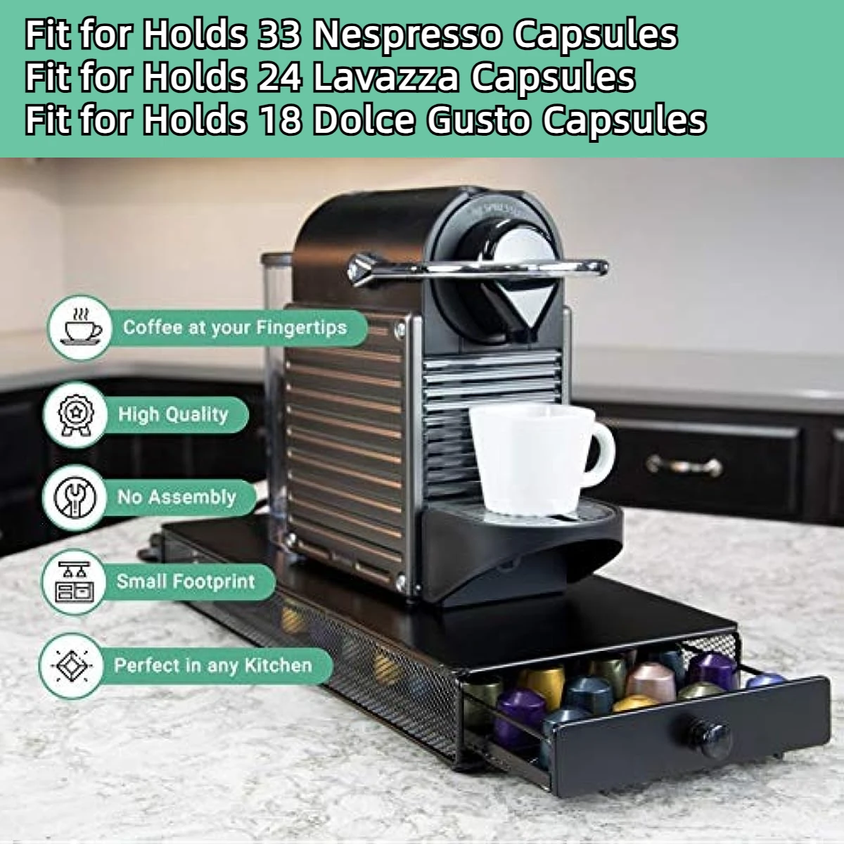 

Metal Coffee Capsule Holder for 33 Cups Nespresso Coffee Maker Storage Drawer for Lavazza Dolce Gusto Bar Capsules Pod Organizer