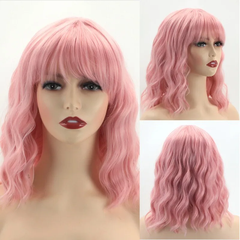 

Женские короткие волнистые кудрявые парики с розовой челкой, синтетический парик + шапочка для парика