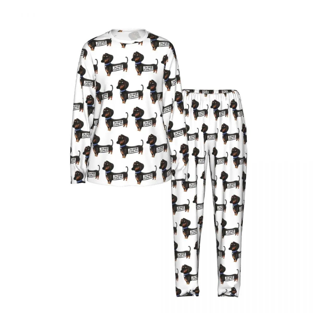 Dachshund Dog Funny Pupy Round Neck Long Sleeves Nightdress for Sleeping Sleepshirts Women Loose Pajama Set Long Pants 3