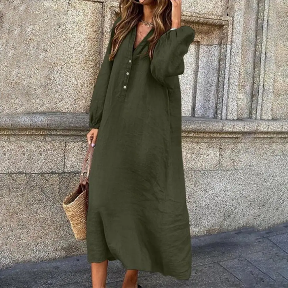 Elegant Eye-catching Dress for Women Elegant V-neck Cotton Linen Dress with Button Decoration Breathable Long Sleeve for Women