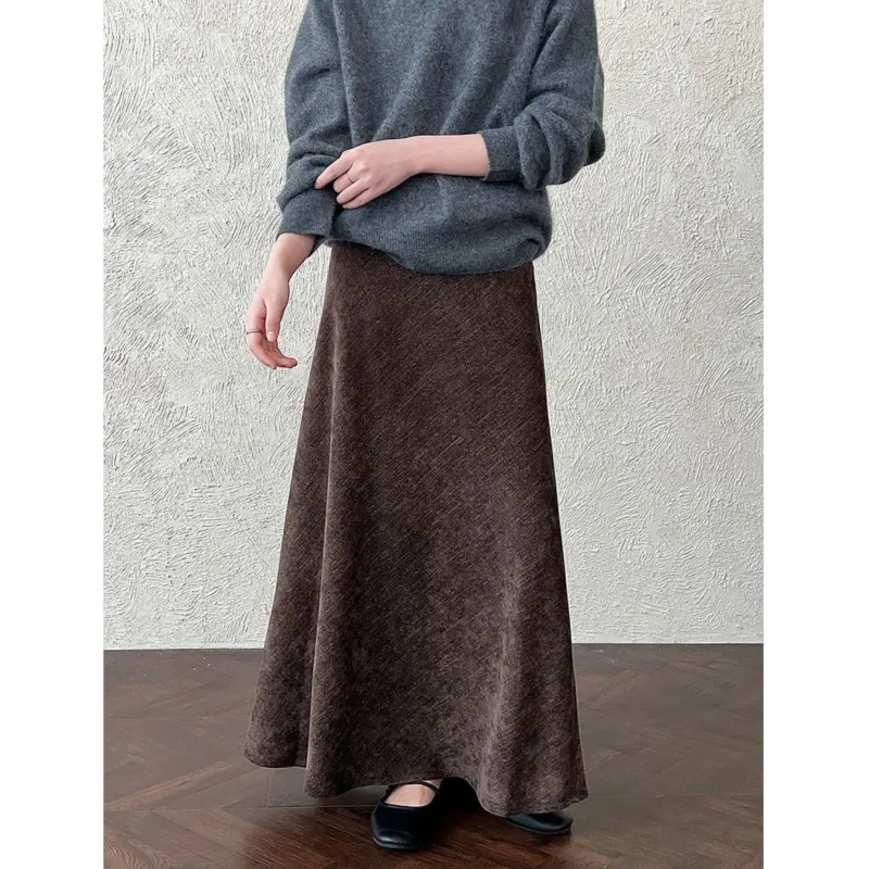 

Johnature Retro Flannel Twill Brushed A-Line Fishtail Skirt For Women Autumn Winter Korean Style Simple Half Skirts