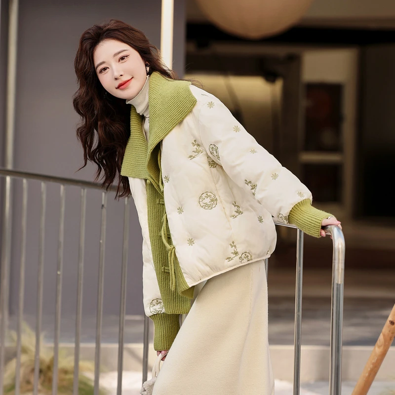 Chinese Embroidery Down Jacket for Women, Thick, Loose, Warm, Snow, Short Puffer Coats, Patchwork Lapel, Winter Outerwear, New