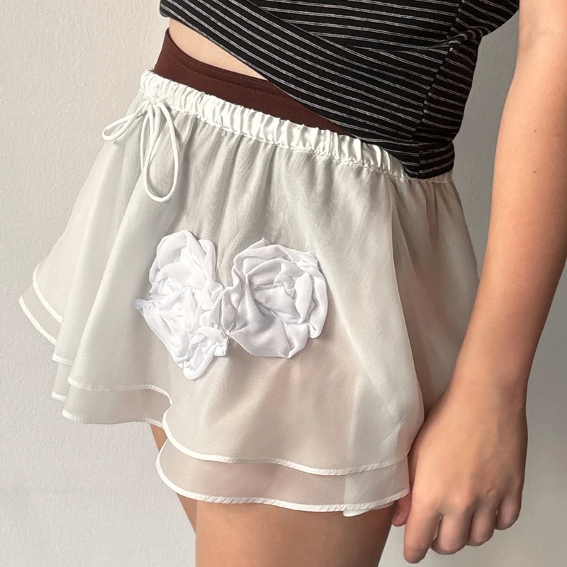 

Teen Girl Cute Low Rise A-line Skirt 3D Floral Patched Mesh Sheer Mini Skirt Y2k Fairy Coquette See Through Cover-up Micro Skirt