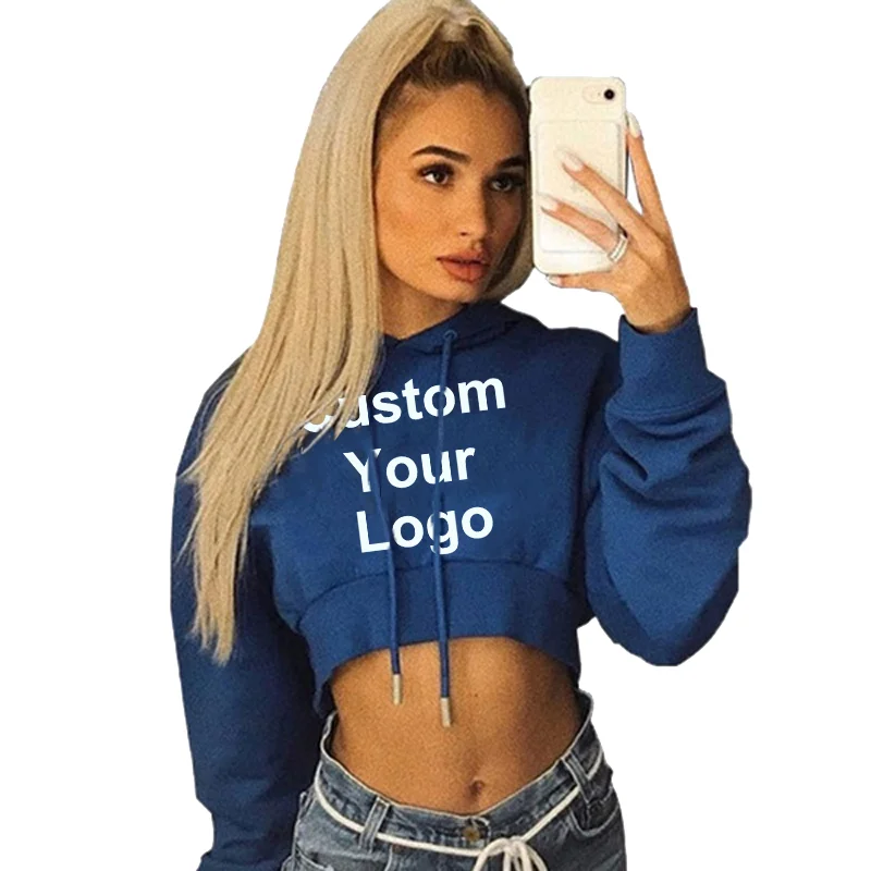 Womens Custom Your Logo Casual Long Sleeve Hooded Sweatshirt Plain Crop Tops Pullover Hooded Sweatshirt Cropped Hoodie Short Swe