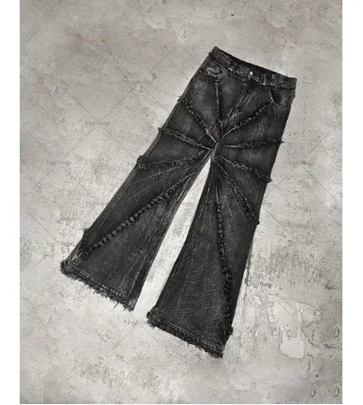 Y2K Destroyed Stitching Jeans Men\'s Black Washed Jeans Gothic Style Street Trend Clothing Retro Loose Wide Leg Pants Fall Guys