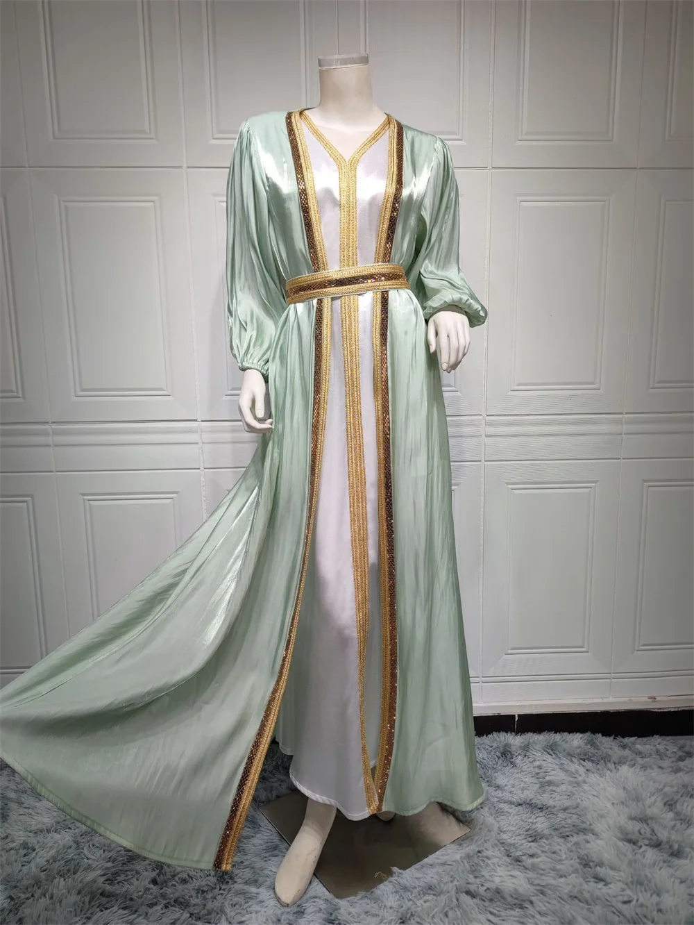 Moroccan Caftan Luxury 2024 Silk Satin Elegant Lantern Sleeve 3pcs Dress Diamonds Abaya Muslim Sets Ramadan Dresses For Women