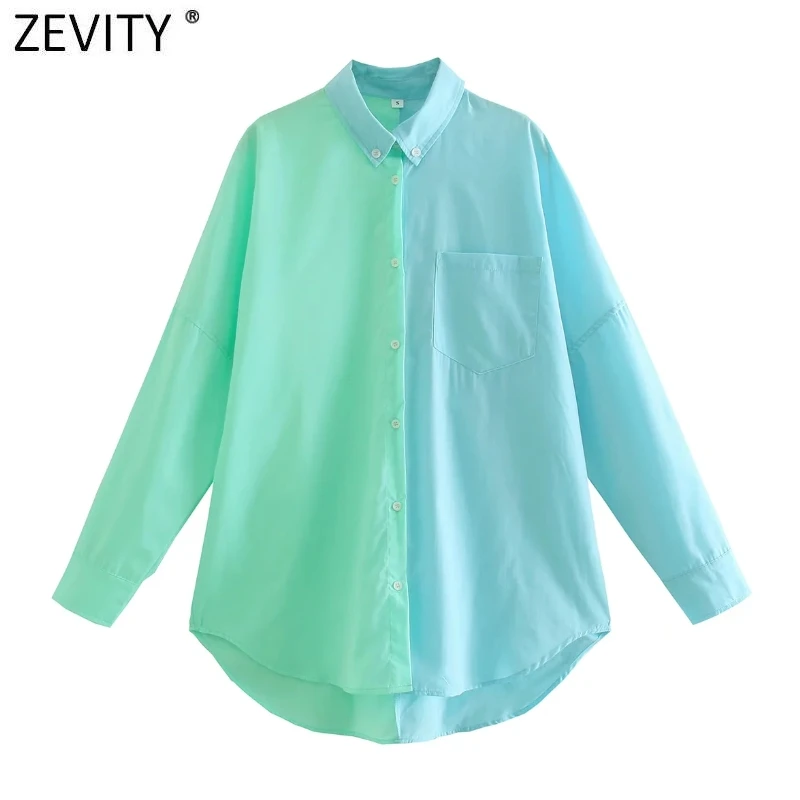 Zevity Women Fashion Color Matching Loose Blouse Office Ladies Long Sleeve Buttons Leisure Shirts Chic Street Blusas Tops LS9956