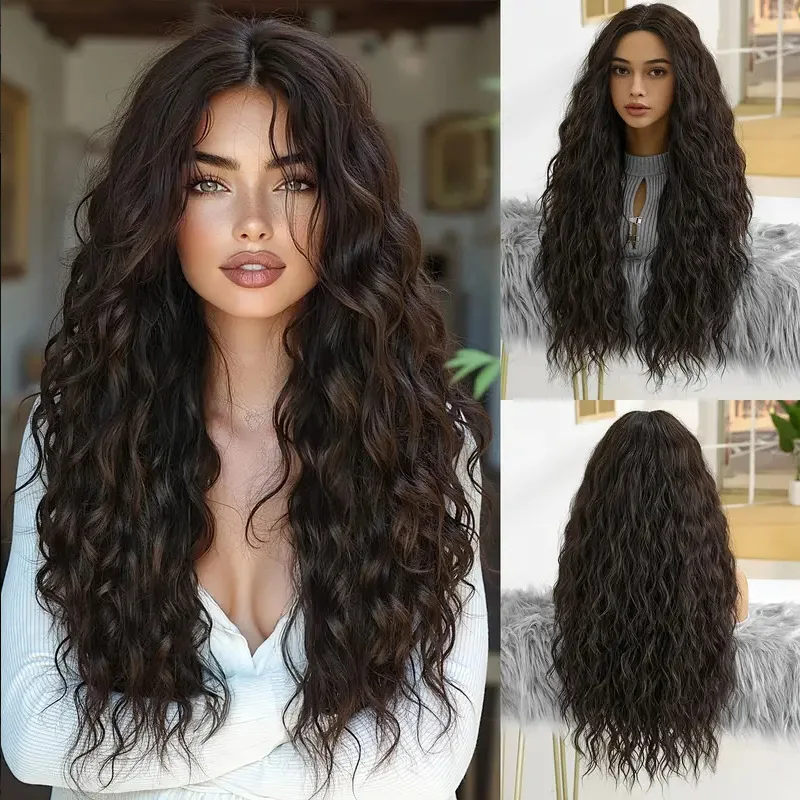 

Длинный вьющийся парик темно-коричневого цвета, натуральный, пышный, термостойкий, из синтетических волос, для женщин.