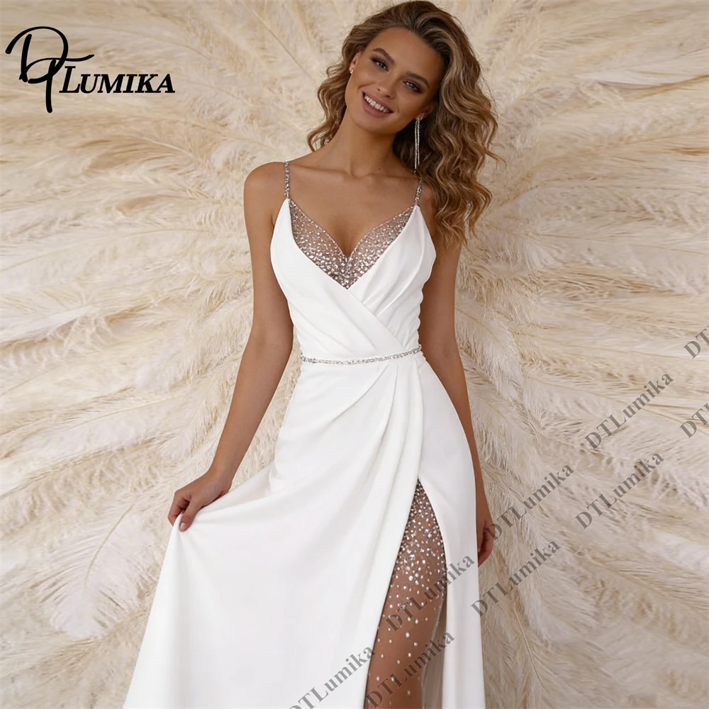 

Spaghetti Strap Wedding Dress with Beaded Bodice and Sheer High Slit Customized Bride Dresses Modern Chic Bridal Gown