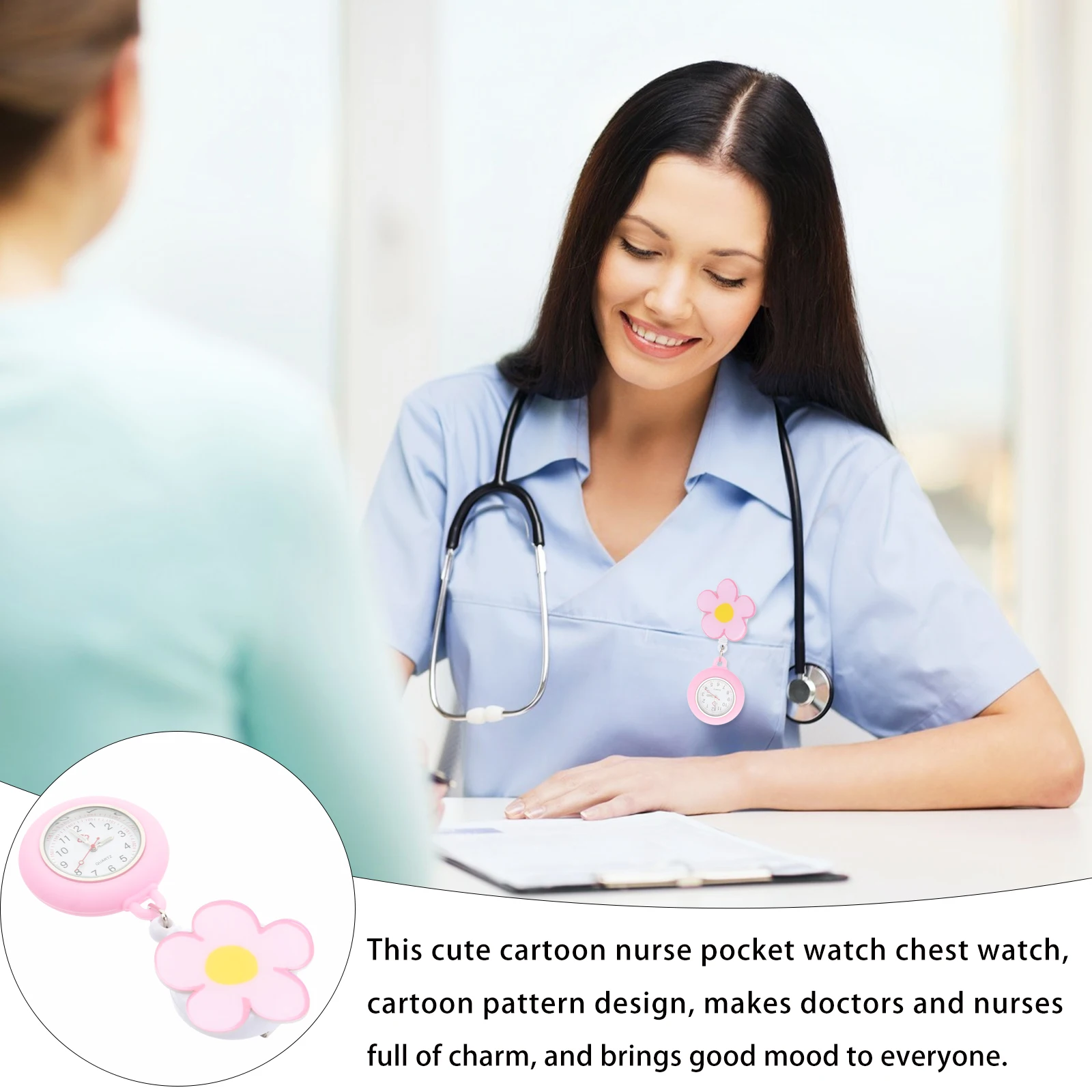

Nurse Pocket Watch Large Dial Clip On Badge for Doctors Nurses Quartz Movement Silicone Cover Removable Cartoon Pattern Charm
