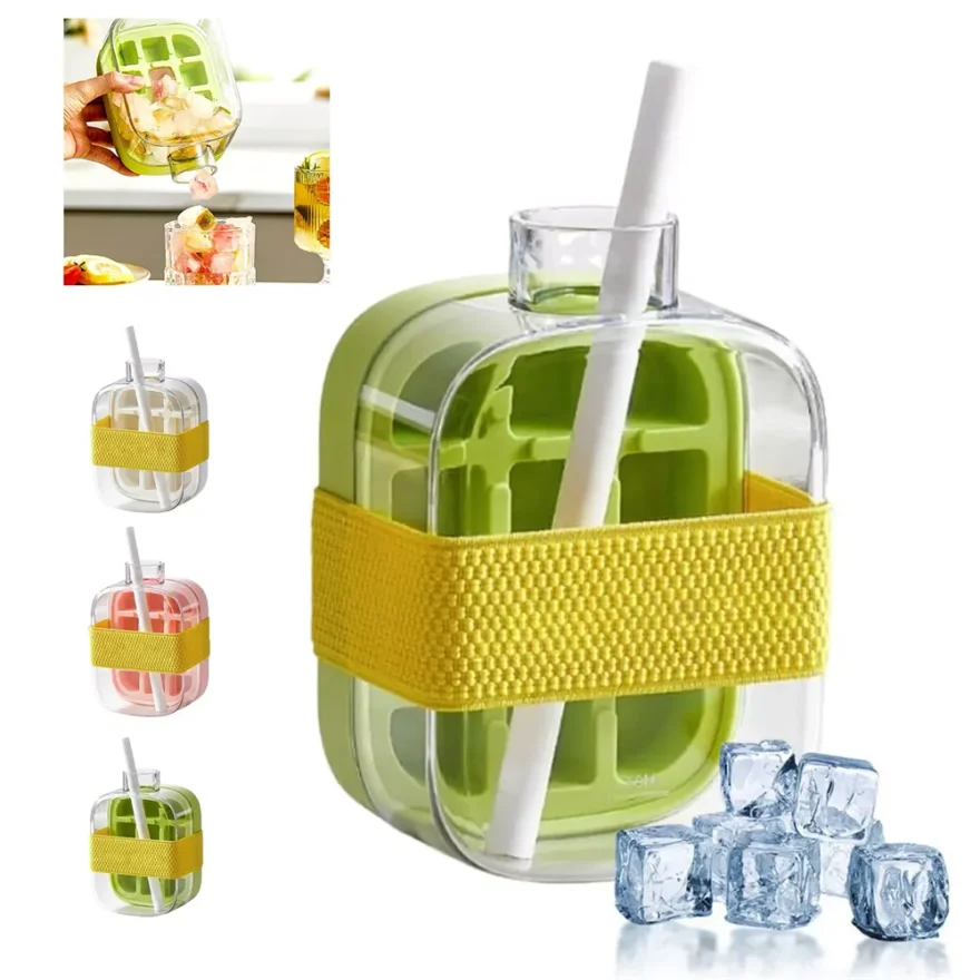 Ice Cube Bottle with Straw, 2 In 1 Touch-Free Push-Type Ice Cube Making Bottle, Easy Release Water Bottle Ice Mold