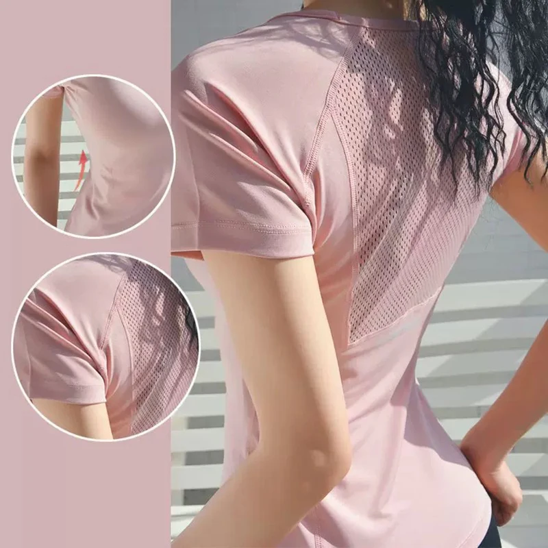 Women's Quick Dry Mesh Sports Top round Neck Pullover Short Sleeve Fitness Yoga T-Shirt Breathable Workout Shirt