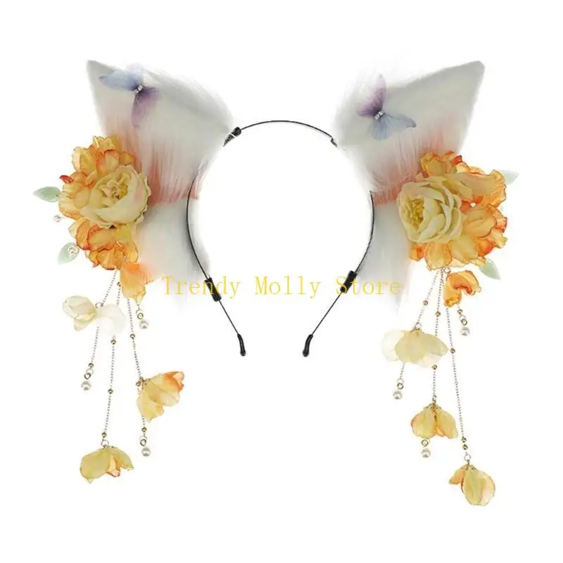 

N5KB Ears Cosplay Hair Hoop with Tassel Flower Woman Teens Headband for Live Broadcast Cartoon Carnivals Hairband