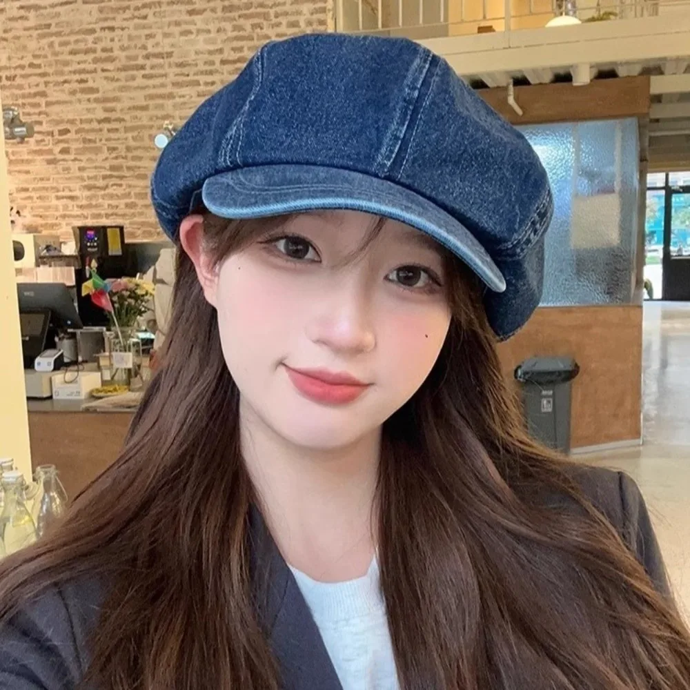 

Personality Washed Cloth Denim Beret Head Circumference Korean Style Newsboy Cap British Style Cloud Hat Streetwear