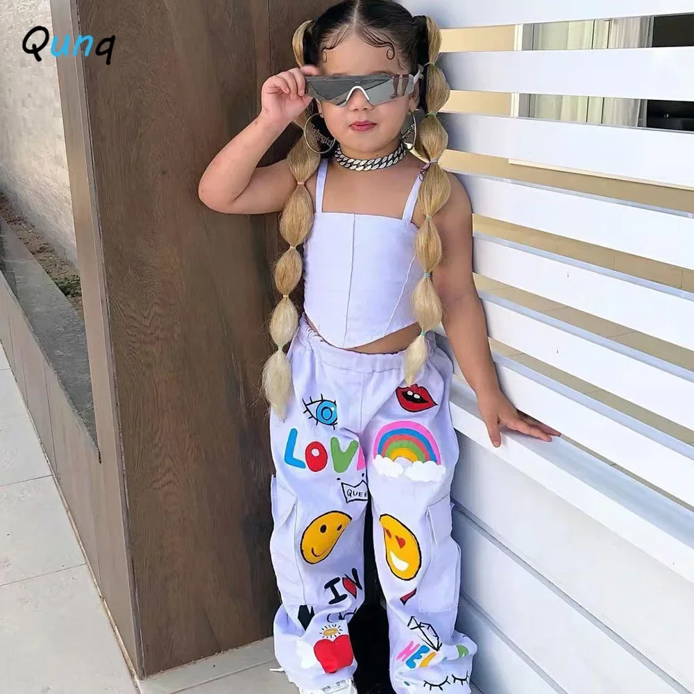 Qunq-Conjunto de ropa informal para niñas, Top Irregular con cuello Halter liso y pantalones con estampado de dibujos animados, ropa para niños de 3