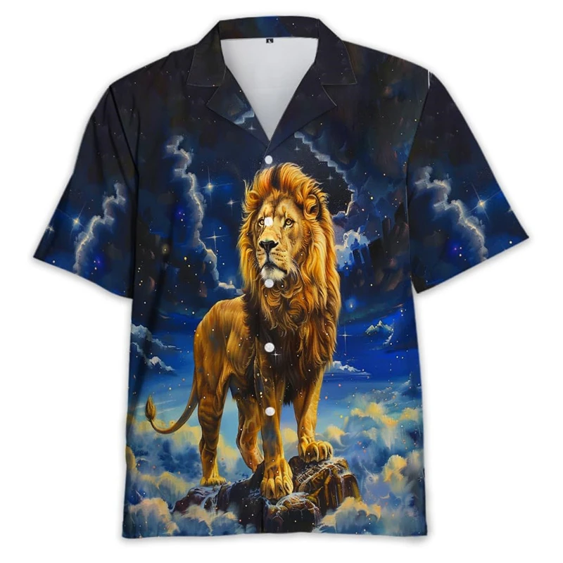 Camisa de praia masculina e feminina 3D com estampa animal, camisa de manga curta casual com estampa leão, blusa confortável havaiana para férias