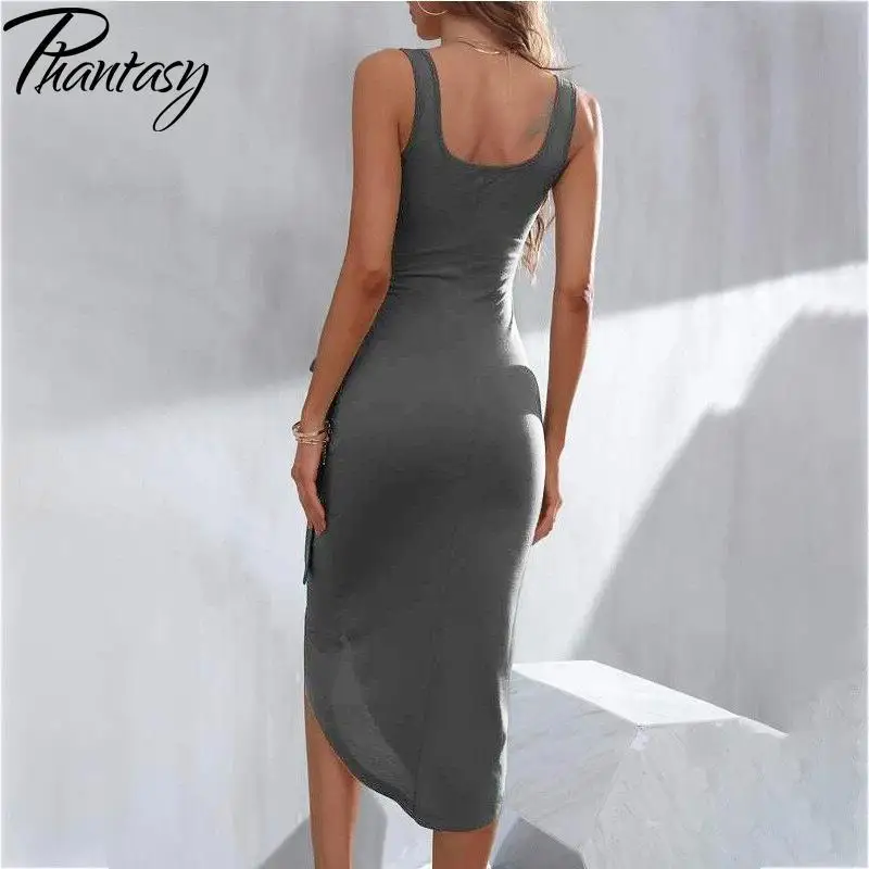 Summer Solid Sundress for Women Grey Robe Party Wedding Dress Slim Outfit Elegant Gown Fashion Streetwear Female Clothing