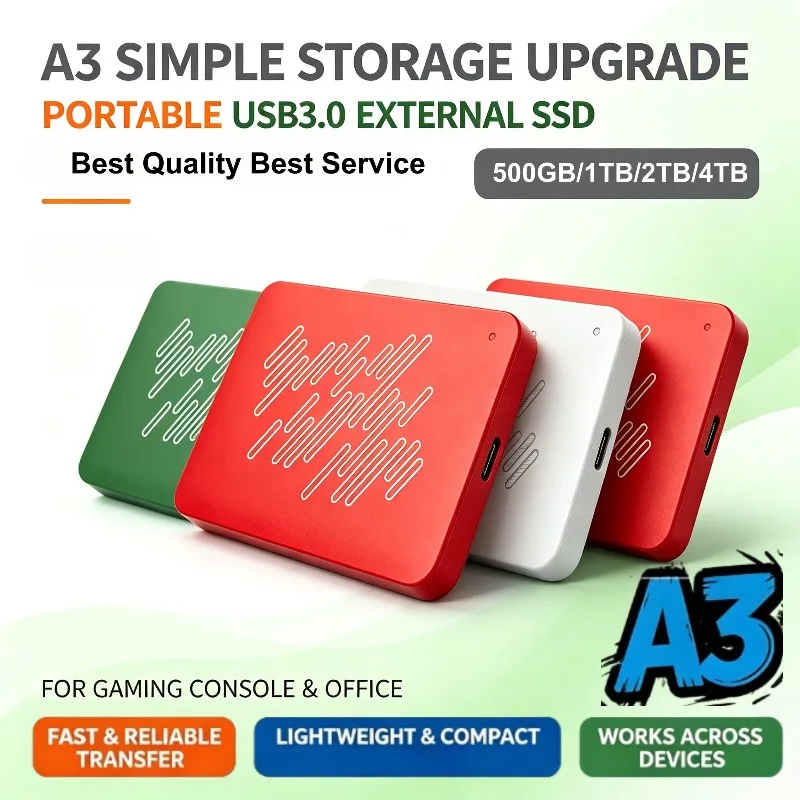 A3 Series Portable USB3.0 SSD External Hard Drive, 4TB 2TB 1TB 500GB Black Solid State Disk for Gaming Console & Office Gift Mac