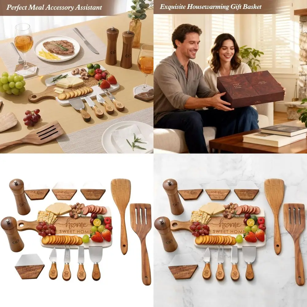 

Элегантный набор для сыра из мрамора с деревянными измельчителями, ножами и приборами — идеальный подарок на новоселье для новых владельцев дома.