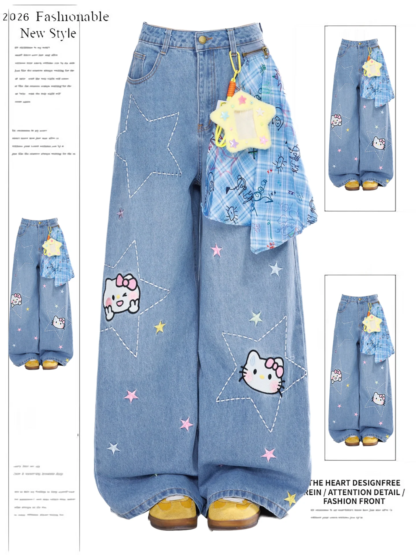 

American Sle Embroidered Plaid Scarf Wide Leg Jeans Women's Spring New Design Loose Fit Bootcut Pants Casual High Waist