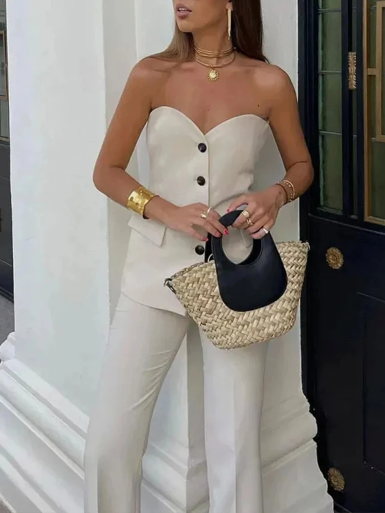 HH 2024 Women Fashion Solid Pant Suit Sleeveless Off Shoulder Single Breasted Tube Top+Simple All-match Straight Trouser Set
