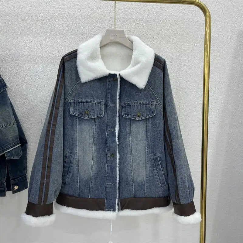 

2026 Winter New Women's Denim Cotton Jacket Commuter Splicing Warm Jacket