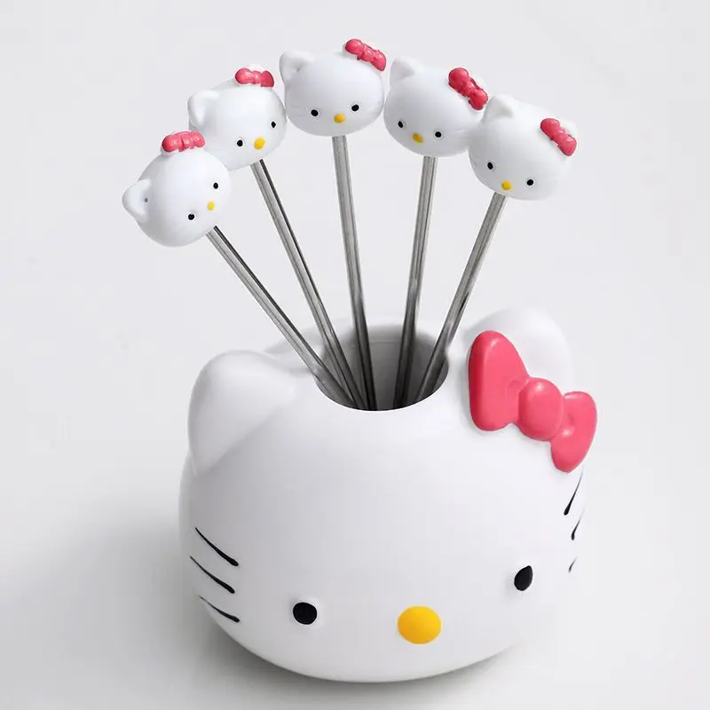 Creatieve schattige Hello Kitty fruitvorkset Roestvrijstalen kinderveiligheid fruitvork Desktop opslagpot ornamenten Vakantiecadeau