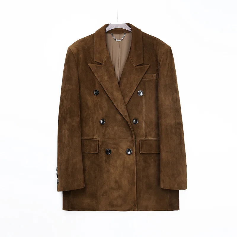 100% Goatskin Leather Blazer Jacket Women 2025 Fall Retro Light Coffee Imported Kid Suede Coat Female Casual Loose Suit Jacket