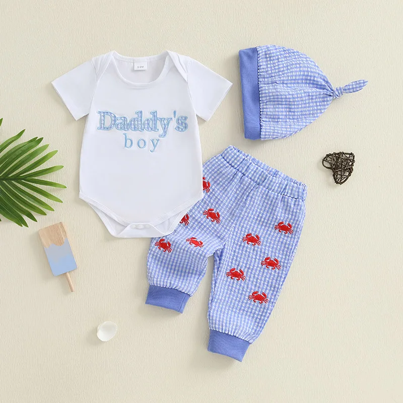 

Suefunskry Baby Boys Father's Day Outfit, Short Sleeve Embroidery Letters Romper with Plaid Pants Hat Infant Clothes