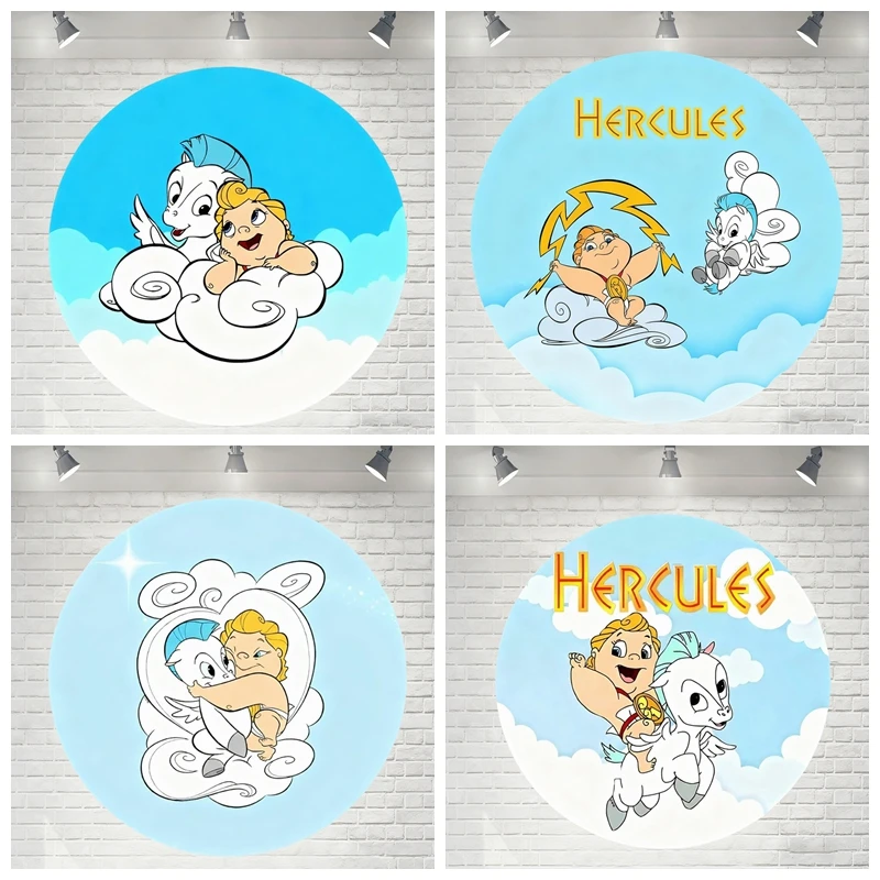 

Disney Hercules Round Backdrop Cover Pegasus Cloud Lightning Elements Children Birthday Party Baby Shower Photoshoot Decoration