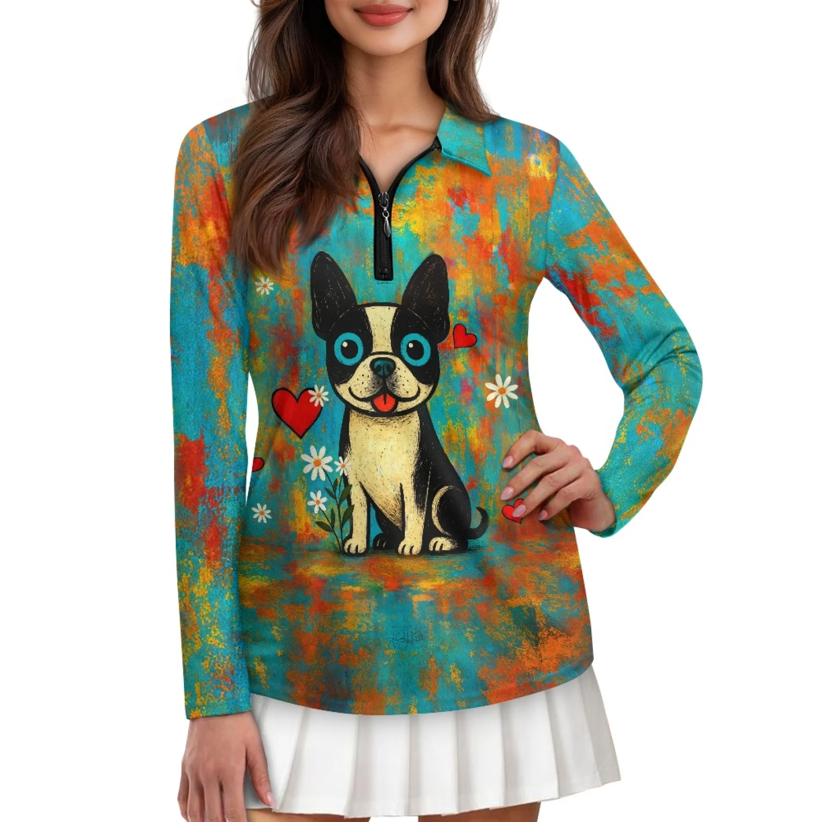 PENSTROLL Boston Terrier Heart Art Womens Breathable Athletic Sport Tops Moisture Wicking Golf Tops for Jogging