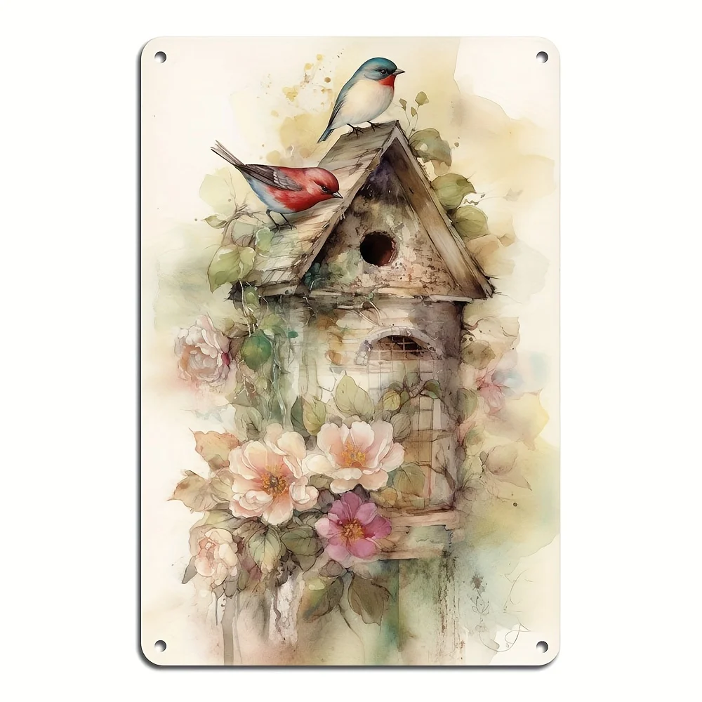 Floral Birdhouse Wall Art Iron Metal Wall Decor with Birds and Flowers Suitable for Home Bar Cafe Garage Office Home Decoration