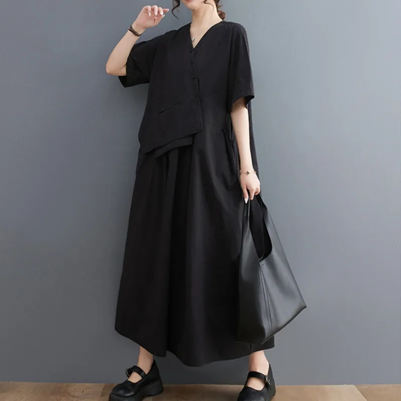 #3334 Black Khaki A-line Dress Short Sleeve Loose V-neck Irregular Midi Dress Women Buttons Vintage Dresses Femme Pockets Summer