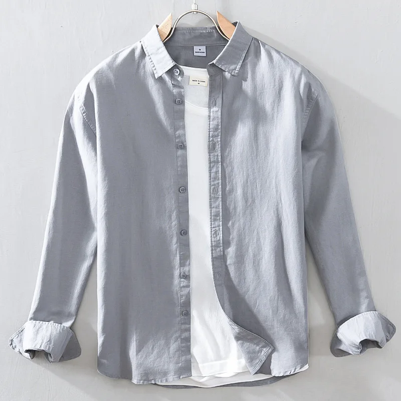 Camisas masculinas básicas clássicas de algodão de linho, camisa de cânhamo de botão, confortável, casual, cor vendida