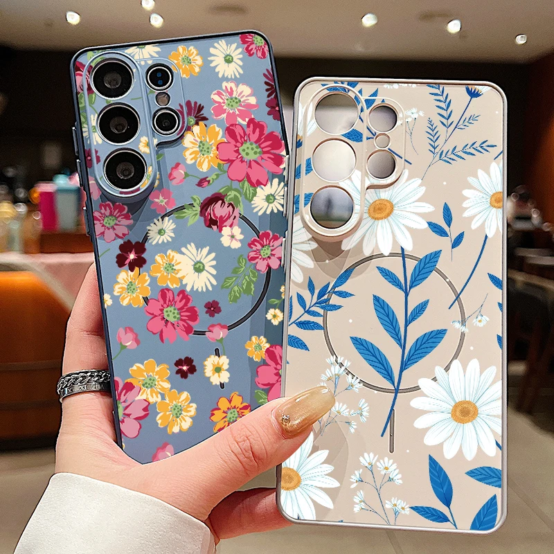 Small Flower Magnetic Phone Case For Samsung Galaxy S26 S25 S24 S23 Ultra S25 FE A57 A17 A56 A37 A16 A55 A36 A55 5G Hard Cover